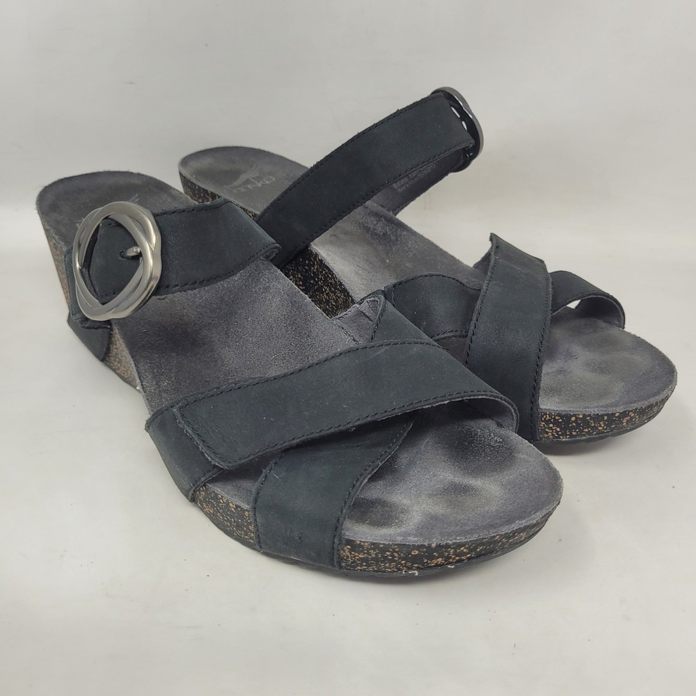 Dansko Sandals EU42 US11.5 Black Leather Susie Buckle Strap Cork Wedge Comfort